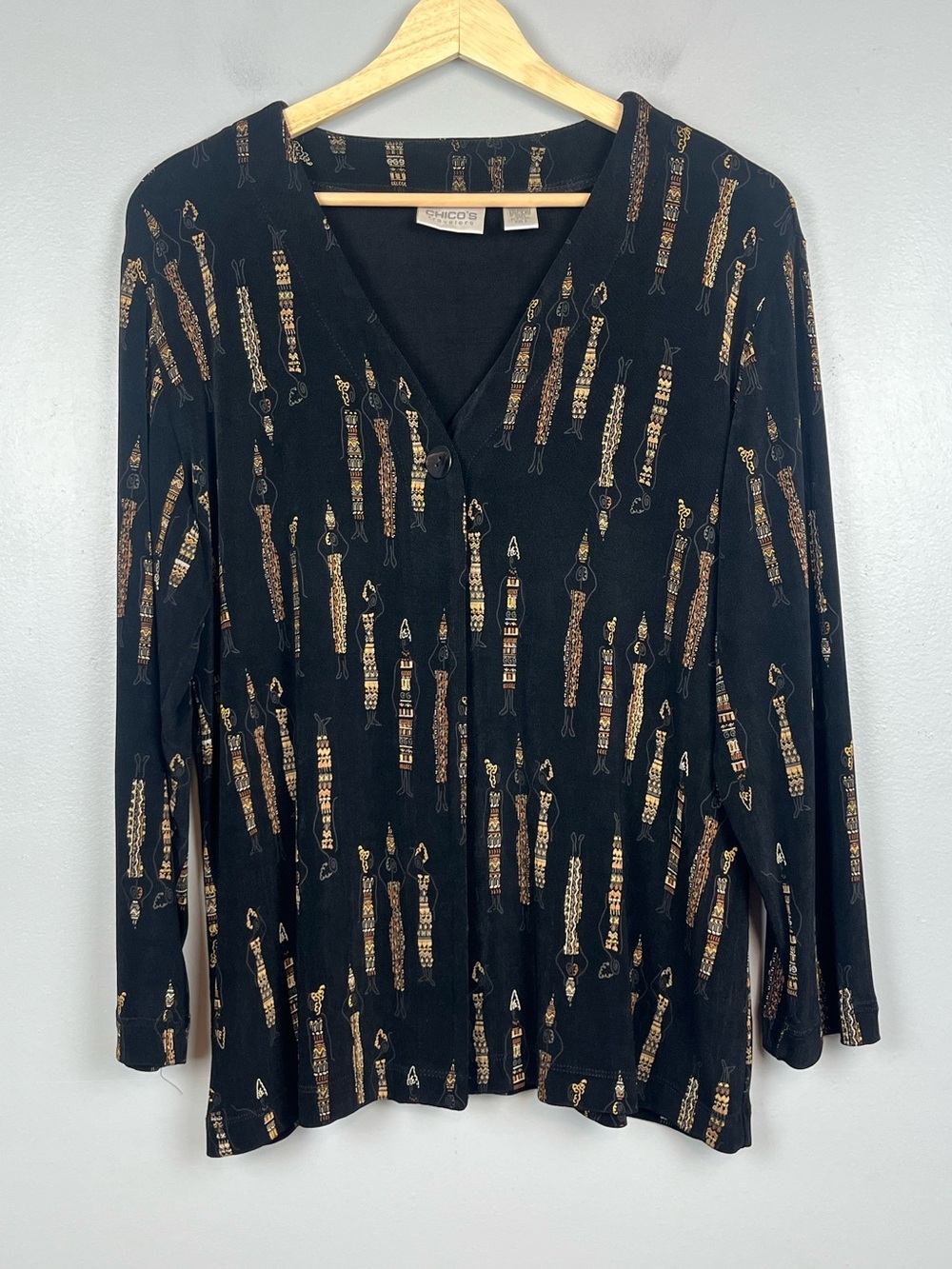 Chico’s Travelers black African woman graphic print jacket, XL.